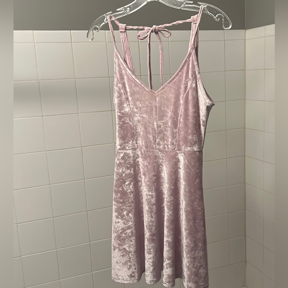 Velvet pale pink skater dress sleeveless with tie back